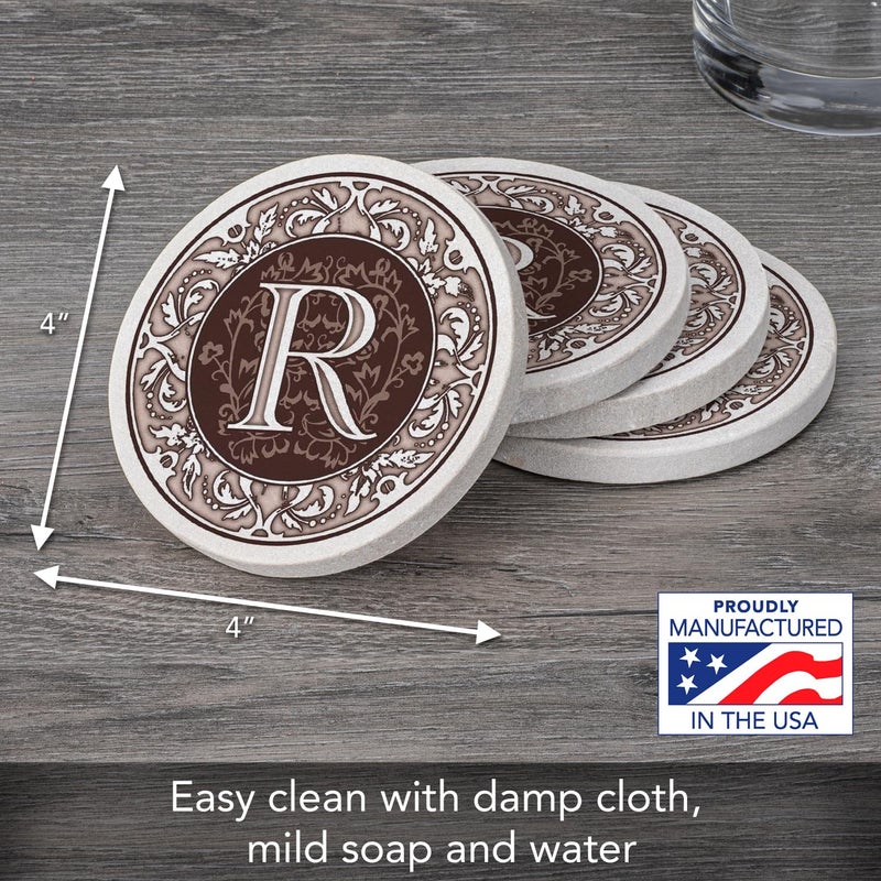 Thirstystone Monogram Letter R Absorbent Sandstone Coaster 4-Pack Made in The USA Decorative, Absorbent, Easily Wipes Clean - Image 3